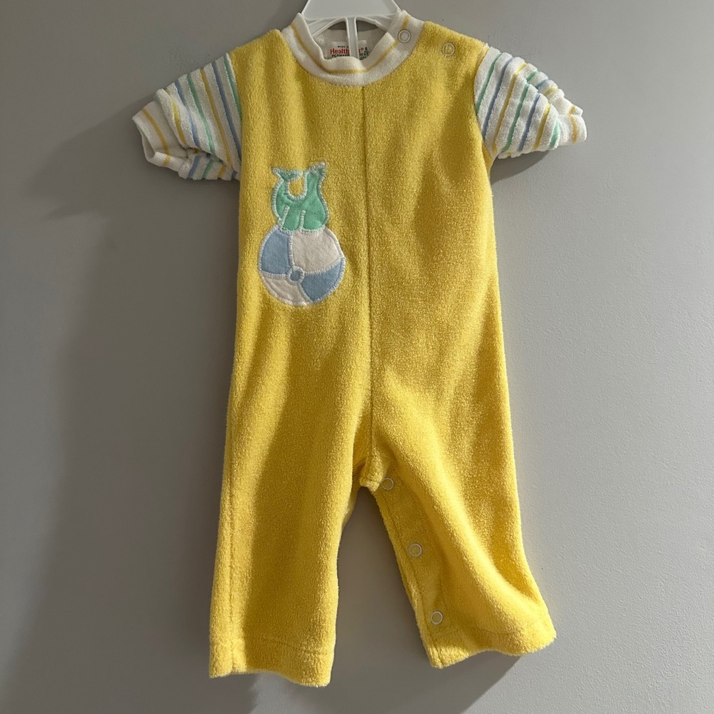 Vintage Healthtex Baby Yellow Terry Cloth Romper Owl Beach Ball Applique Size 6‎